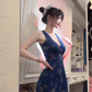 Retro blue v-neck floral halter dress beautiful waist a-line long skirt R0794