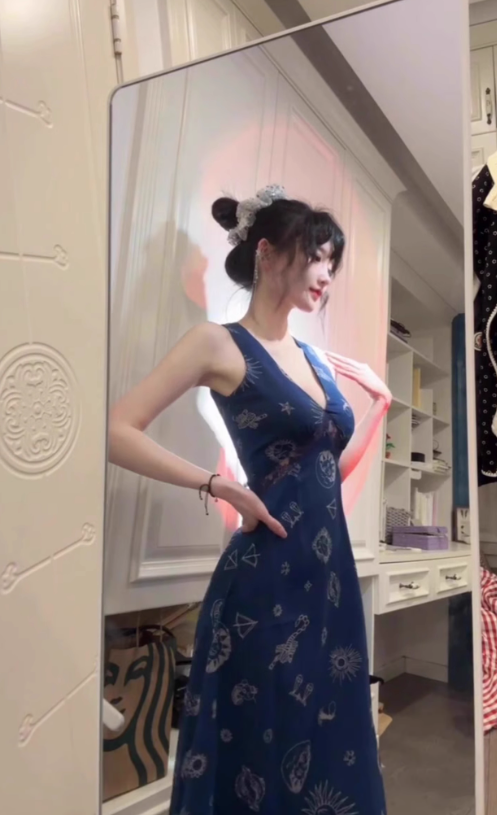 Retro blue v-neck floral halter dress beautiful waist a-line long skirt R0794