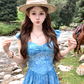 Long blue oil painting rose backless suspender dress for women summer French style skirt R4658