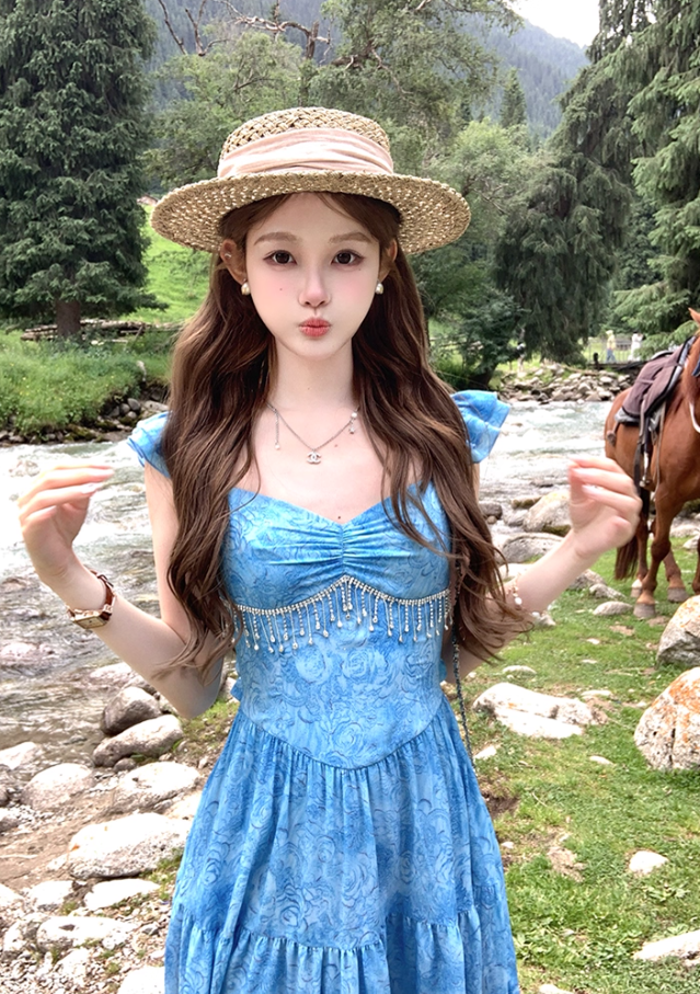 Long blue oil painting rose backless suspender dress for women summer French style skirt R4658