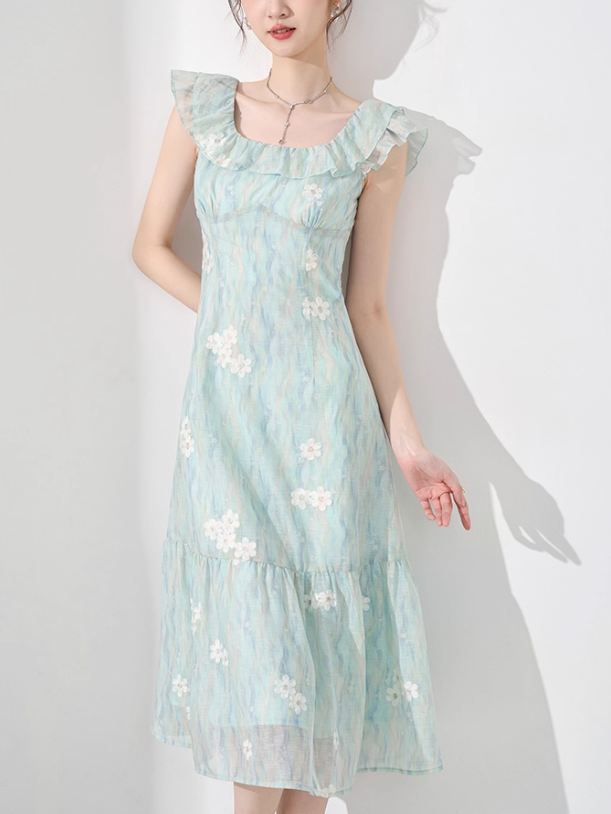 Temperament dress new summer French waist high-end mid-length niche design printed skirt R4262
