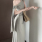 Gentle temperament gray polka dot off-shoulder dress with slim waist and hip skirt R0859