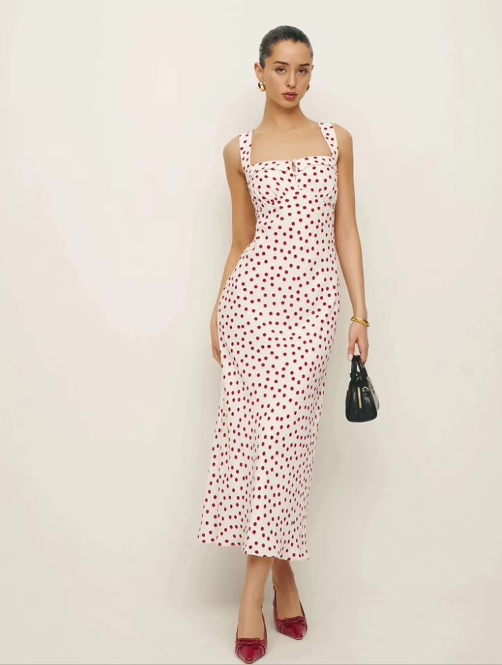 French retro polka dot print suspender dress summer waist slim long dress R2920