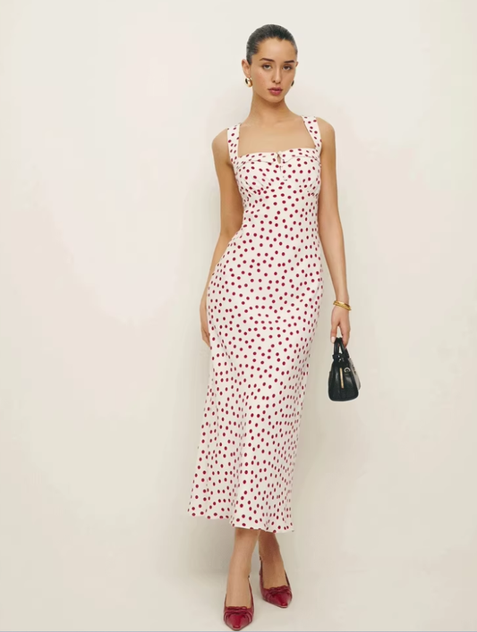 French retro polka dot print suspender dress summer waist slim long dress R2920