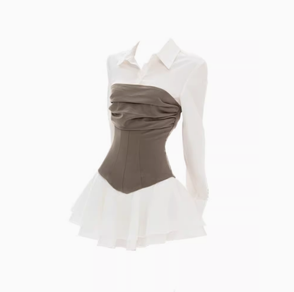 High-grade stitching contrast color long-sleeved shirt dress 2025 waist A-line short skirt R1015