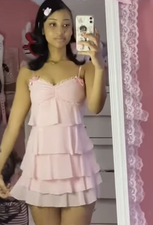 Pink suspenders ruffled skirt cute short skirt homecoming dress R2950