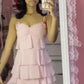 Pink suspenders ruffled skirt cute short skirt homecoming dress R2950
