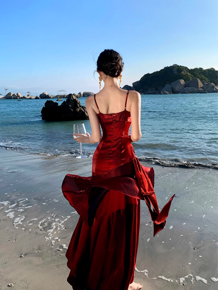 Fairy mermaid dress ruffled high-grade temperament red dress R1716