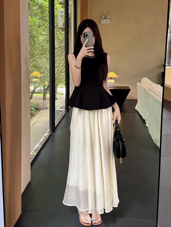 Fairy retro new Chinese suit sleeveless black vest blouse top high waist skirt two-piece suit R1713