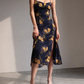 French retro orange floral suspender dress with slim waist and side slit long skirt R2815