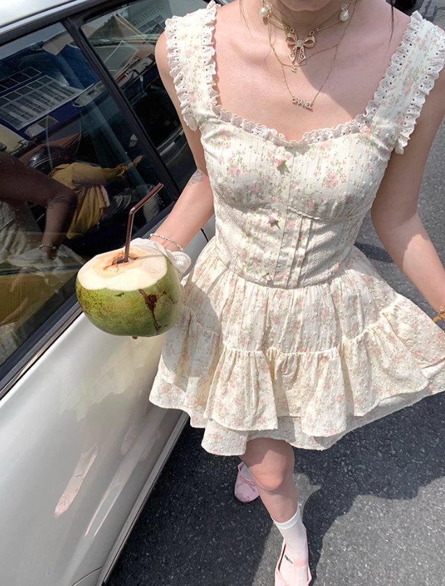 Women's romantic floral suspender dress sweet skirt R4948