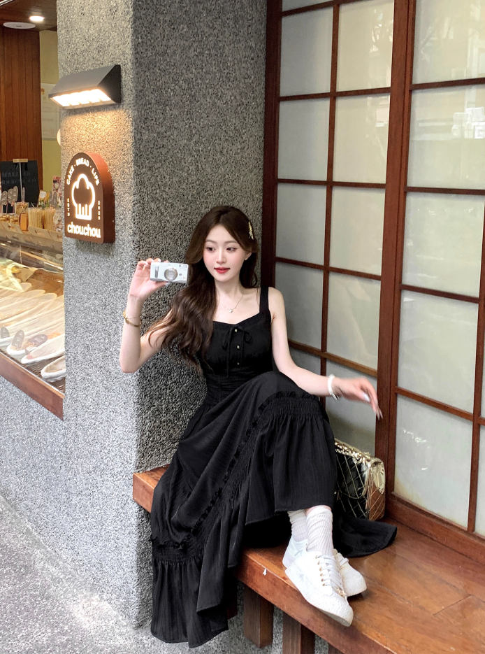 French style white sling long skirt for women summer temperament waist dress R3830