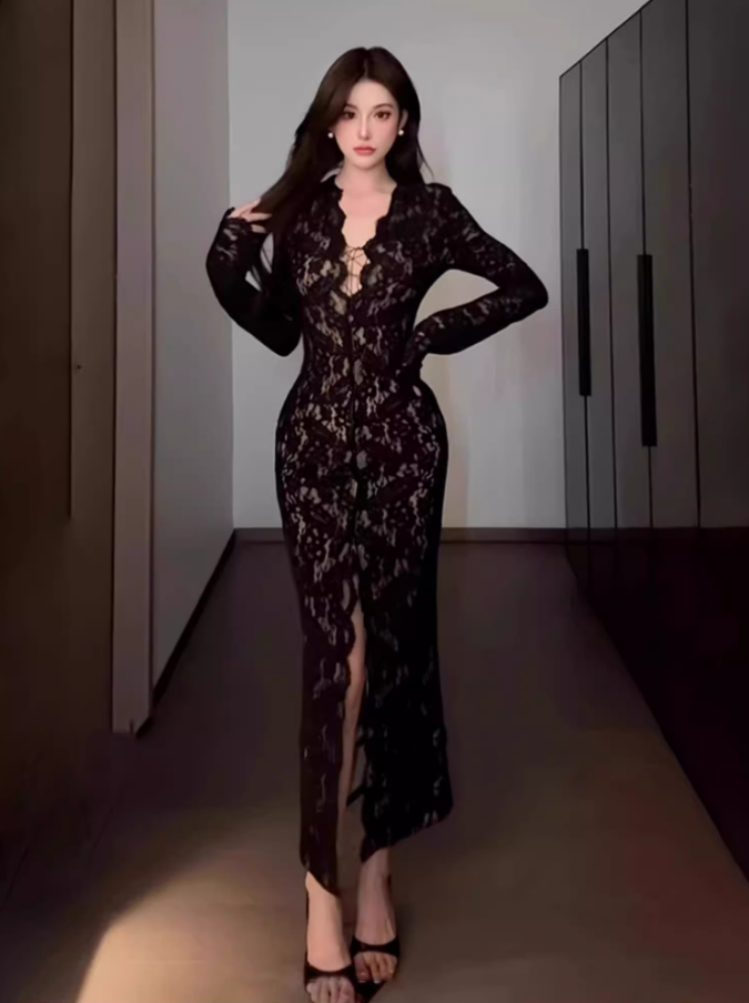 Sexy hot girl lace strap V-neck dress 2025 waist-hugging hip-wrapped slit long skirt R1205