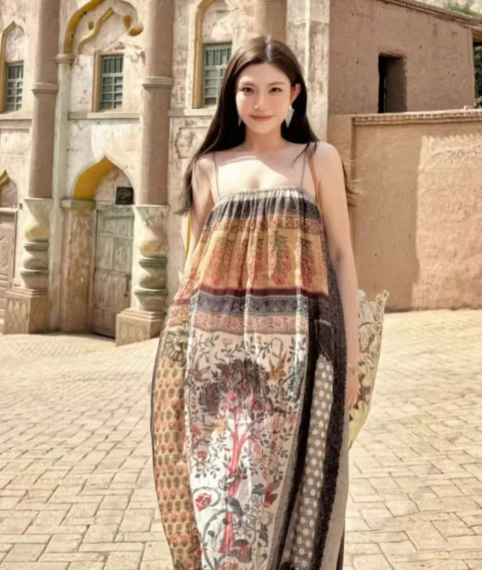 Travel wear retro ethnic style Bohemian suspender dress seaside beach dress R1623