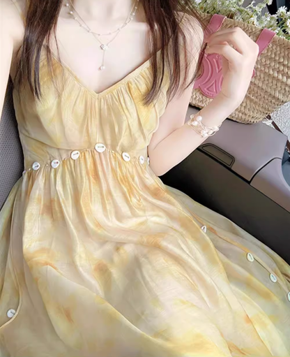 Tea break French gentle style platycodon yellow sling dress temperament slim long skirt R1642