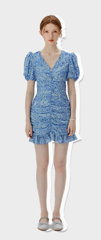 Short hip skirt summer French floral skirt blue petite pleated dress female summer R3484