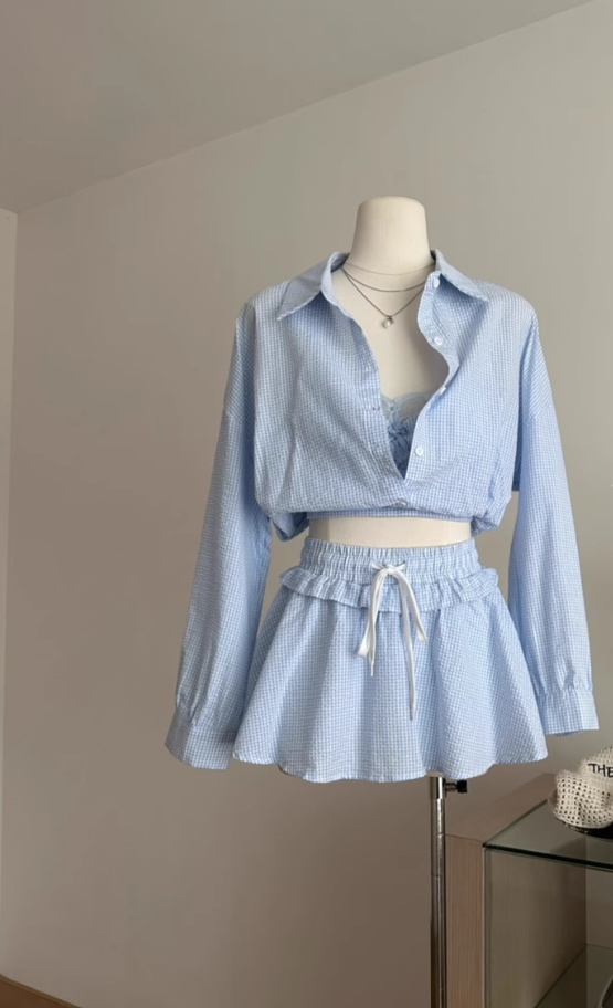 Plaid shirt jacket lace camisole top a-line skirt pants suit R2011