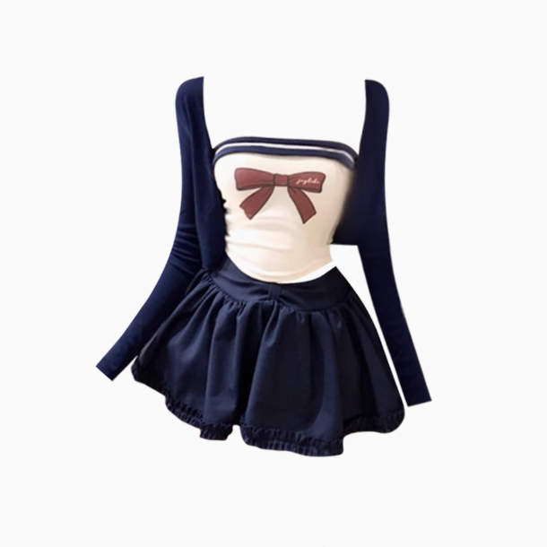 Pure desire hot girl bow print contrast color tube top 2025 college style skirt suit R1280