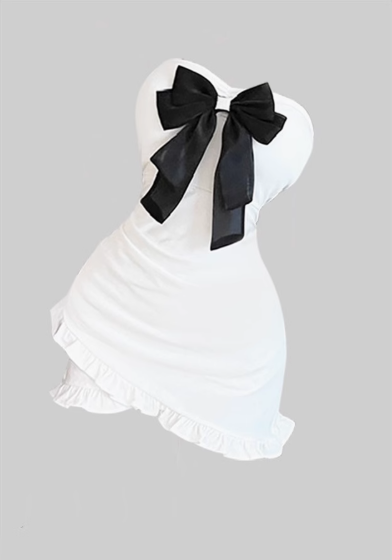 Sexy hot girl bow tube top dress 2025 pure desire waist ruffled hip skirt R1305