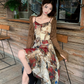 Fairy oil painting style suspender skirt swallowtail skirt dress lace cardigan two-piece suit R1718