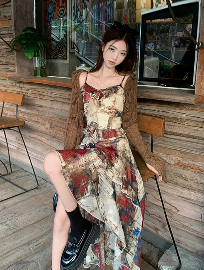 Fairy oil painting style suspender skirt swallowtail skirt dress lace cardigan two-piece suit R1718