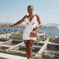 White pure suspenders waist three-dimensional flower A-line short skirt homecoming dress R3694