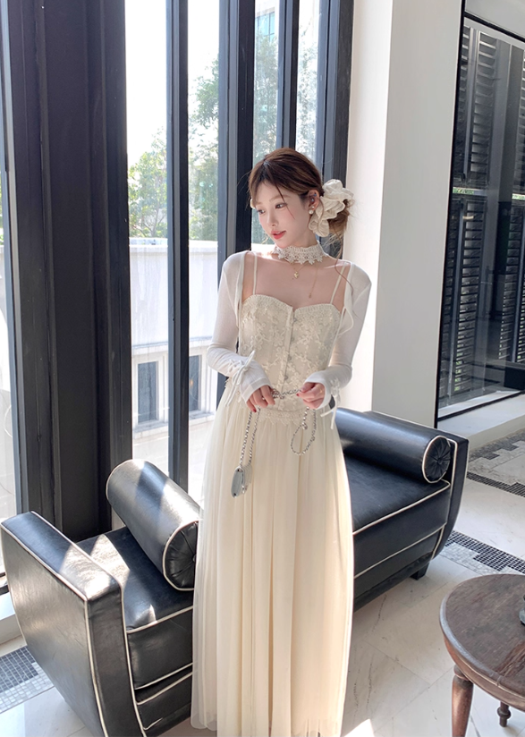 Long Apricot Lace Corset Fishbone French Suspender Skirt Summer Dress R4944