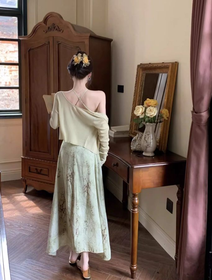 Halter neck suspender dress 2025 sexy backless print gentle waist-revealing long skirt R1476