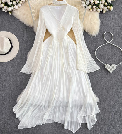 French tea break dress temperament super fairy trumpet long sleeve halter neck V neck waist A-line dress R0400