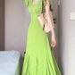 Retro green dress high-grade v-neck temperament step by step lotus fishtail skirt R0735