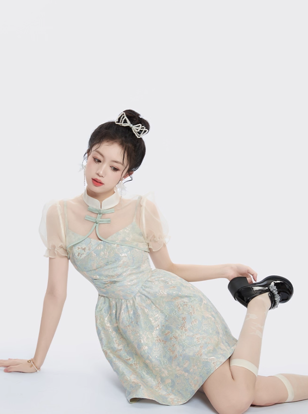 Chinese style improved cheongsam collar top suspender dress summer two-piece suit R4115