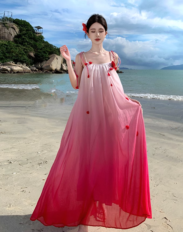 Gradient color loose suspender dress seaside holiday beach dress atmosphere long dress R1614