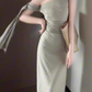 Gentle temperament gray polka dot off-shoulder dress with slim waist and hip skirt R0859