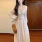 Green v-neck long-sleeved dress, niche style, no-collar retro waist temperament long skirt R0473