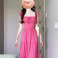 French square neck rose red tie waist dress beautiful gentle style backless long skirt R0462