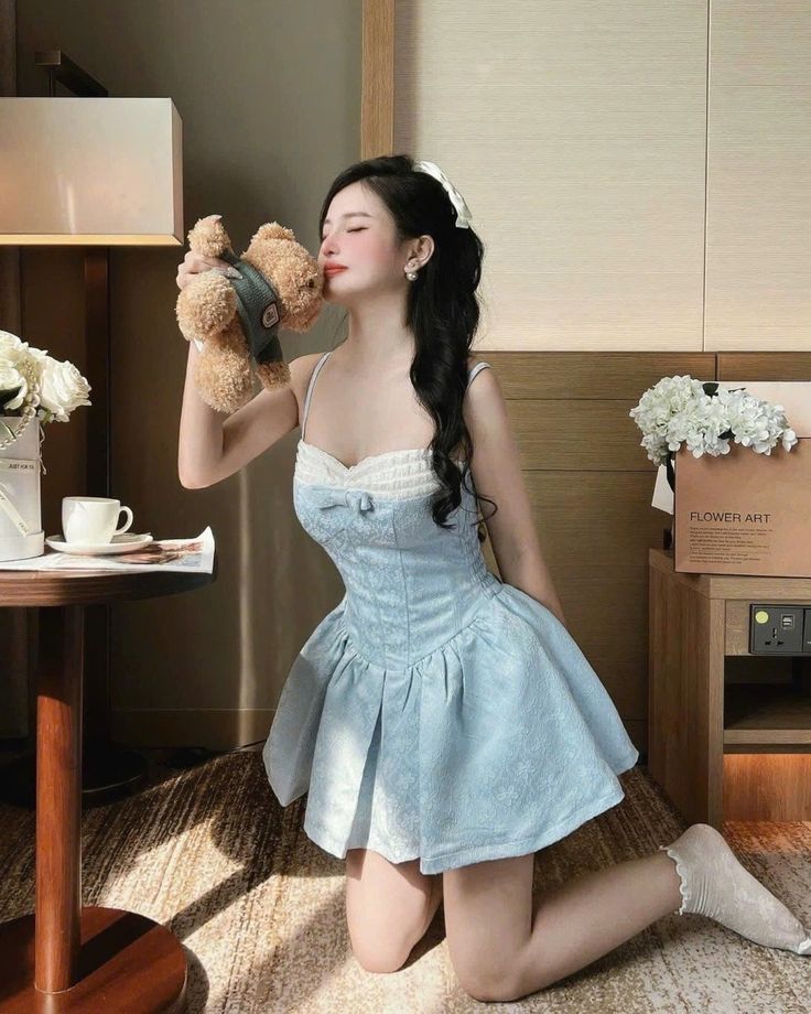 Blue suspender bandeau sexy pattern A-line skirt homecoming dress R2541