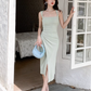 French square neck waist hip dress high waist sleeveless slim suspender dress slit long skirt R1433
