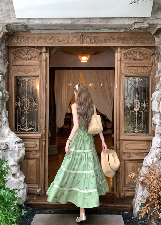 Green long round neck sleeveless suspender dress women's summer French temperament skirt R4742