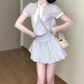 Gentle blue striped short-sleeved dress with elegant waist A-line short skirt R0818