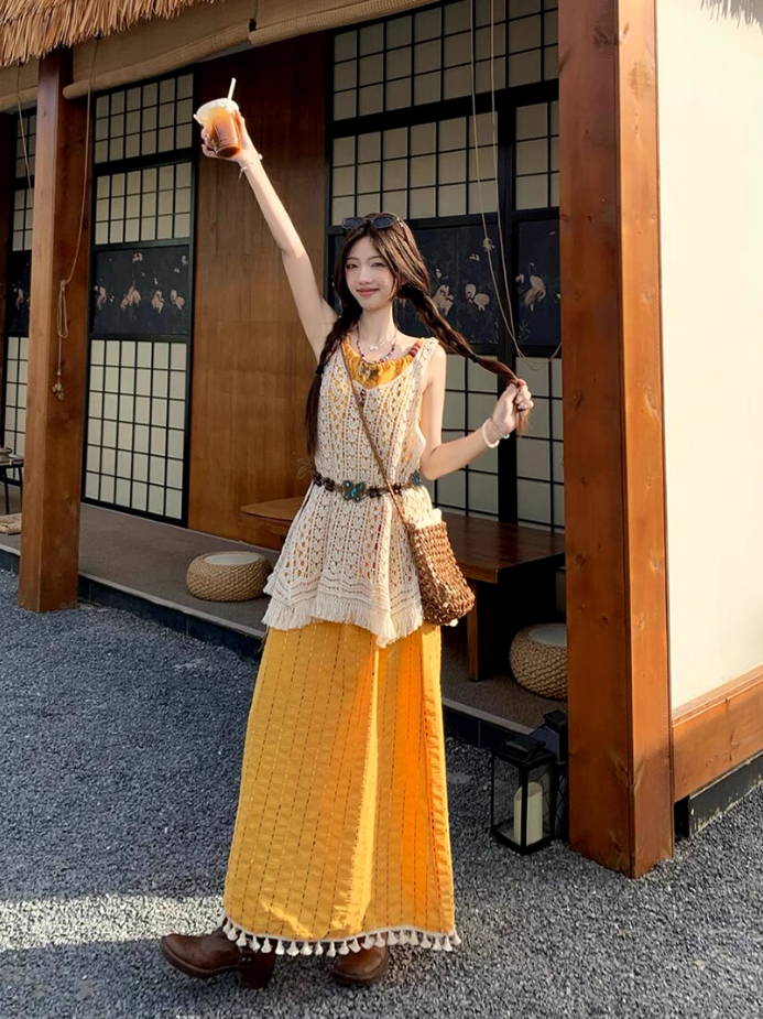 Artistic forest style layered beaded suspender long skirt travel wear dress knitted vest two-piece suit R1731