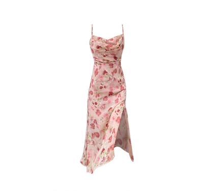 Tea break French style swing collar pink sling floral chiffon dress new waisted mid-length long skirt R0081