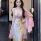Gentle and elegant pink jacquard suspender dress with slim waist and hip skirt R0485