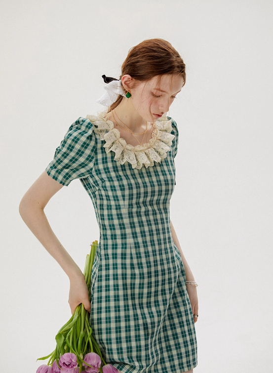 French skirt green plaid dress summer retro short skirt petite short skirt female summer R3457