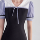 College style black dress women's summer puff sleeve short skirt new high waist splicing skirt R4461