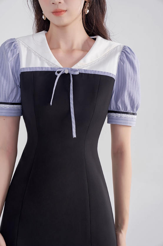 College style black dress women's summer puff sleeve short skirt new high waist splicing skirt R4461