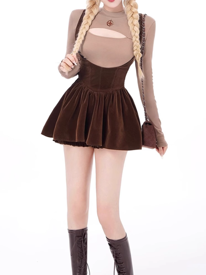 Pure desire style hollow slim bottoming shirt 2025 large size waist strap skirt suit R1345