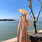 National style retro floral suspender dress temperament loose A-line long skirt R0615