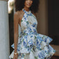 Retro blue and white pattern halter neck round neck waist slimming puffy skirt homecoming dress R3483