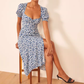 Summer square neck retro floral dress new French slit midi dress R2915
