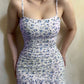 White background blue floral suspenders waist sexy hip skirt homecoming dress R3190